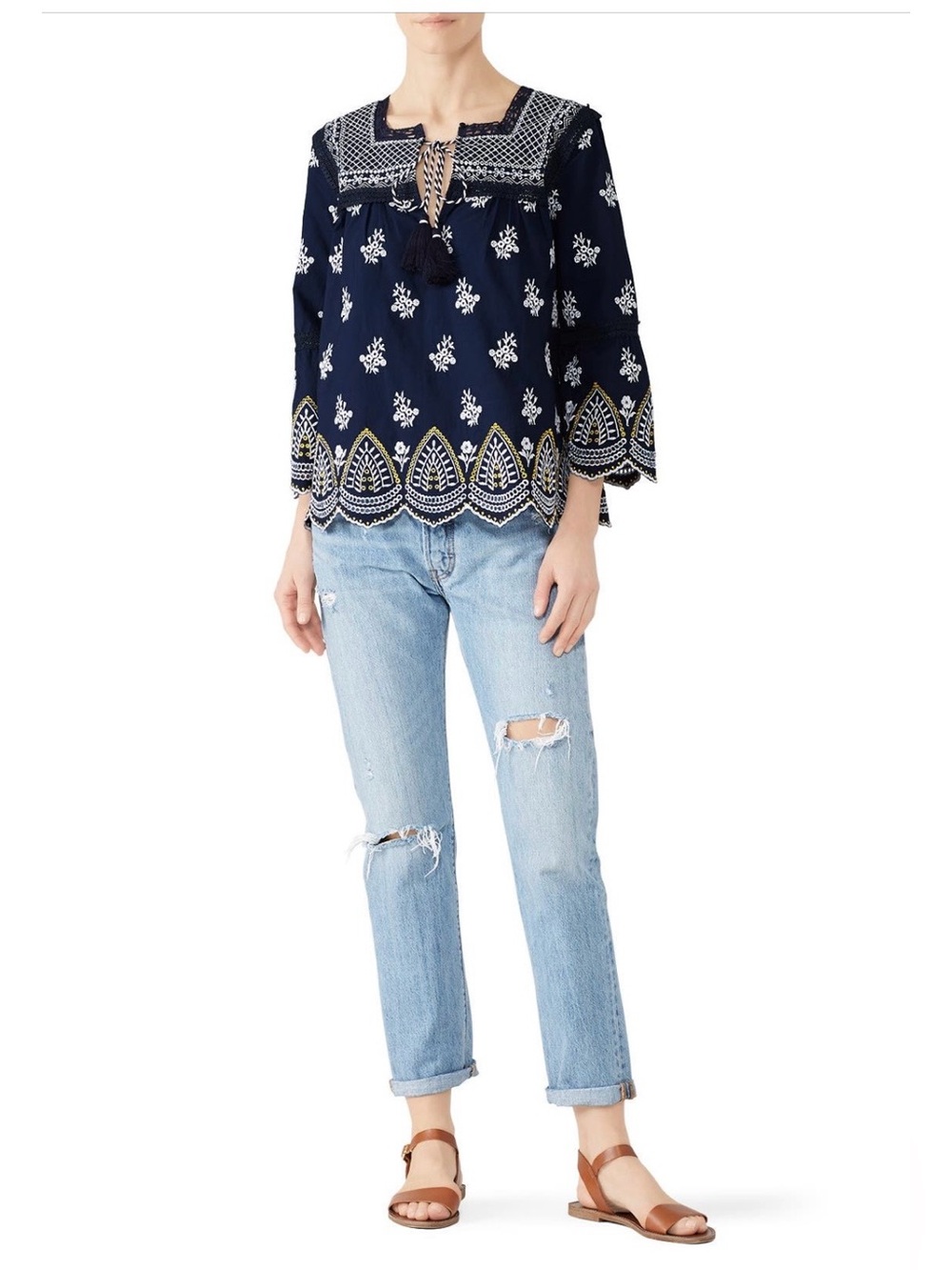 Shoshanna~Calah~Navy Embroidered Peasant Top~Size Small~$285~